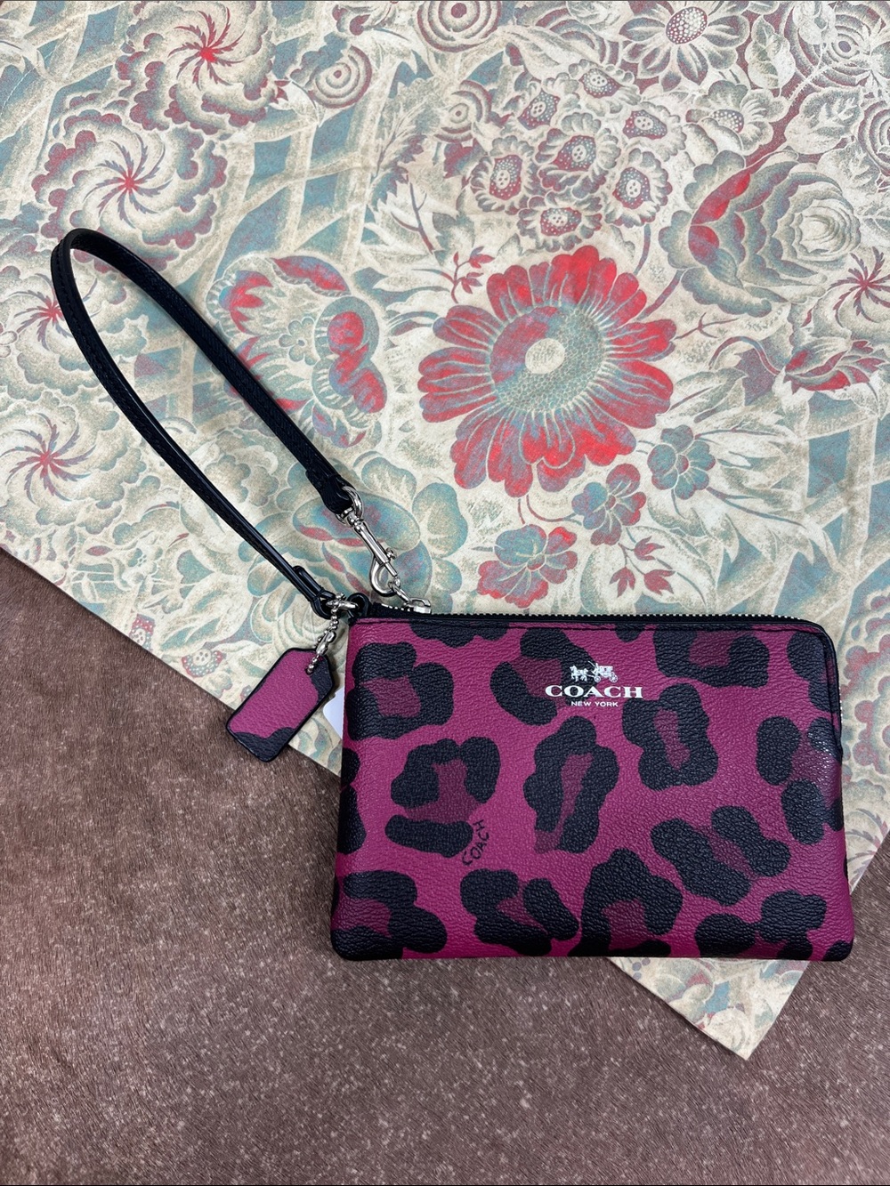Coach Zip Corner Wristlet Cranberry Black Ocelot Leopard Print Wallet Bag